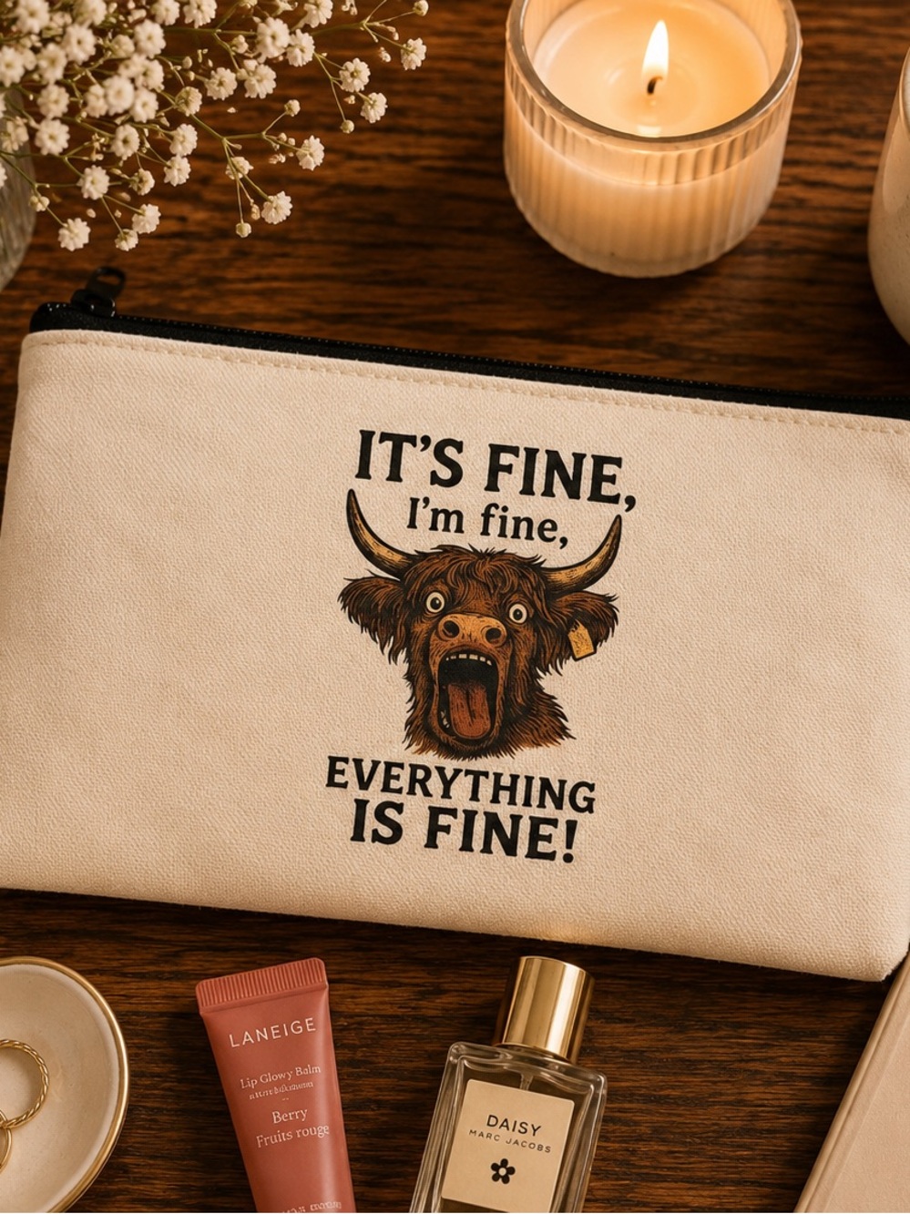 Smith Grove Farm Beige Cosmetic Pouch "It's Fine" Printed Zip Case
